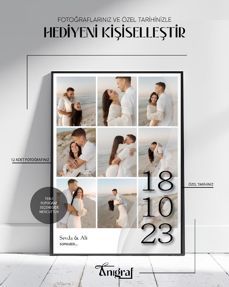 Kişiye Özel Fotoğraf Kolaj Tablo – 12 Fotoğraf & Özel Tarih ile Sevgiliye Hediye