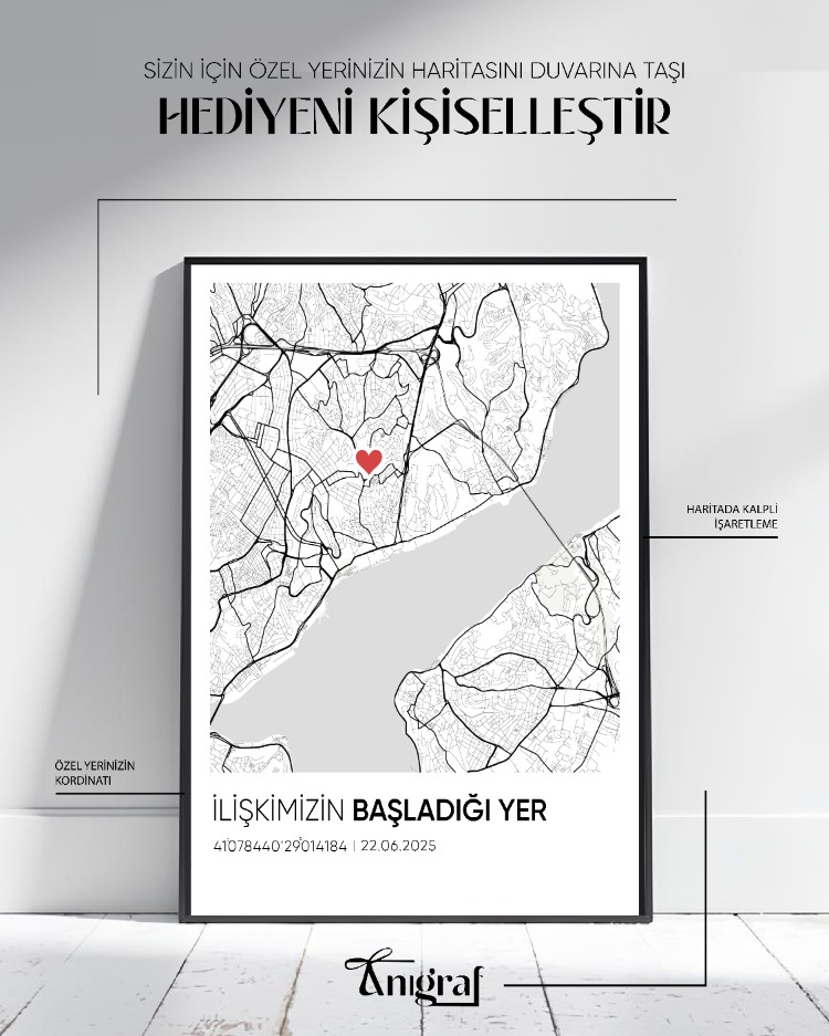 Kişiye Özel Şehir Haritası Tablo Koordinatlı & Kalpli İşaretli Anı Posteri