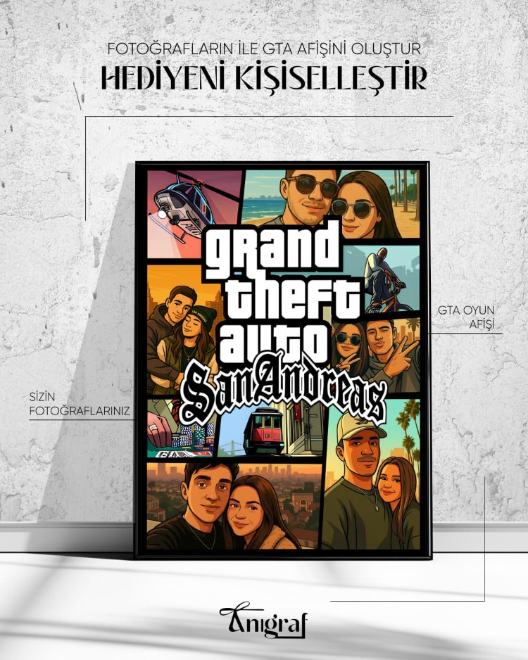 Kişiye Özel GTA Afişi | San Andreas, Vice City, GTA 5 Temalı Hediye Poster | Anigraf