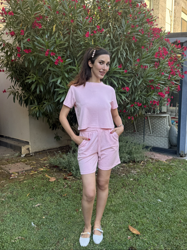 Pembe Simli Şortlu Takım
