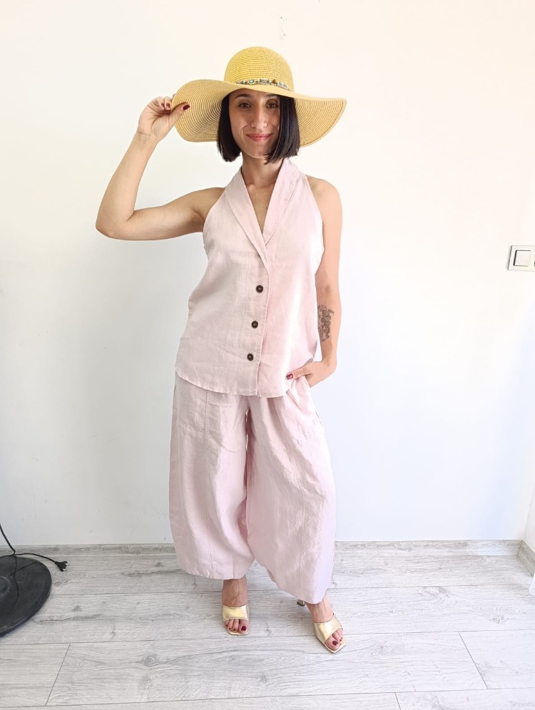 Açık Pembe %100 Keten Şalvar Takım