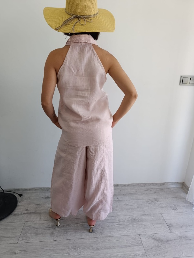 Açık Pembe %100 Keten Şalvar Takım