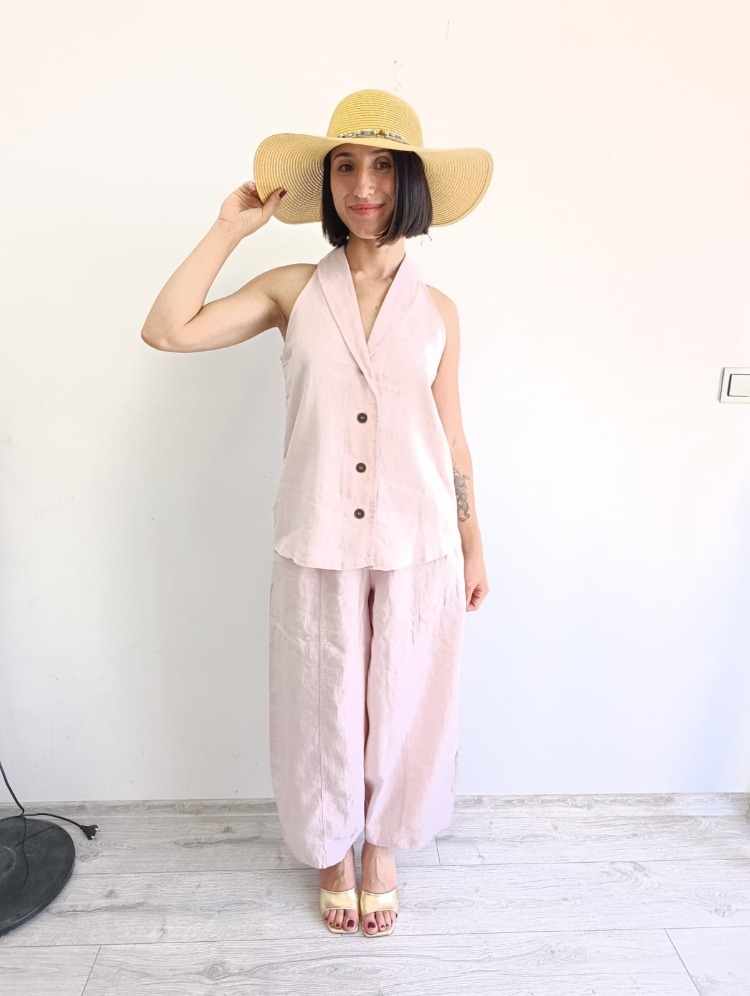 Açık Pembe %100 Keten Şalvar Takım