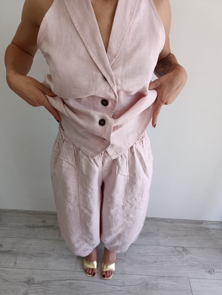 Açık Pembe %100 Keten Şalvar Takım