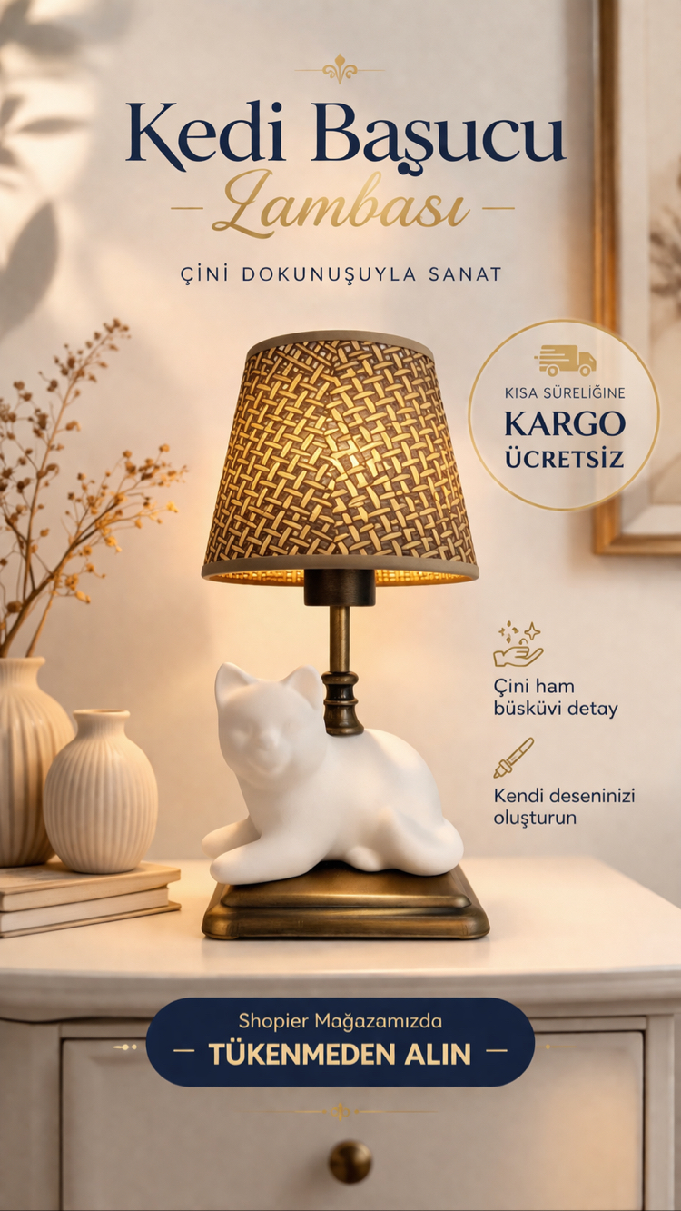 Kedi Başucu Abajur – Hasır Şapkalı | Antik Gold Detaylı