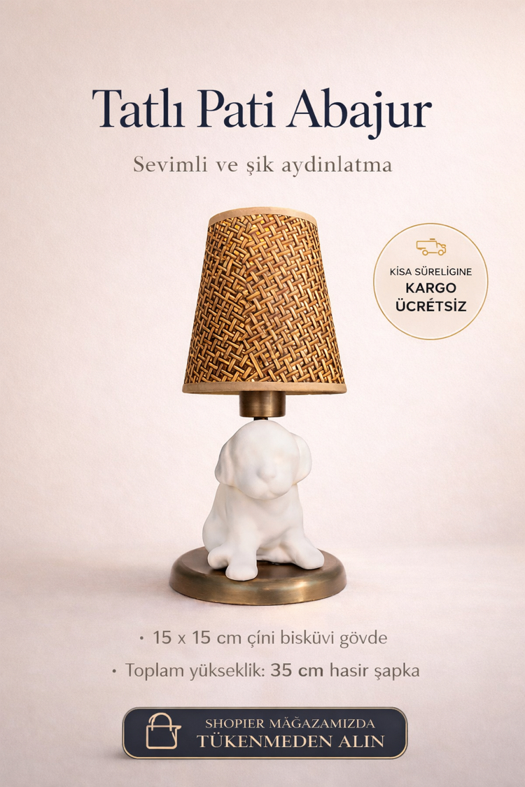 Kedi Başucu Abajur – Hasır Şapkalı | Antik Gold Detaylı