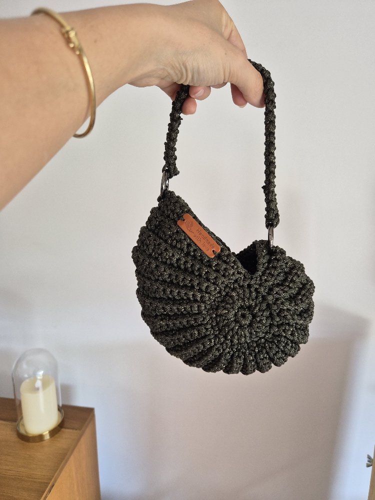 Dark Olive Shell Bag – Parlak Makrome El Örgüsü Çanta