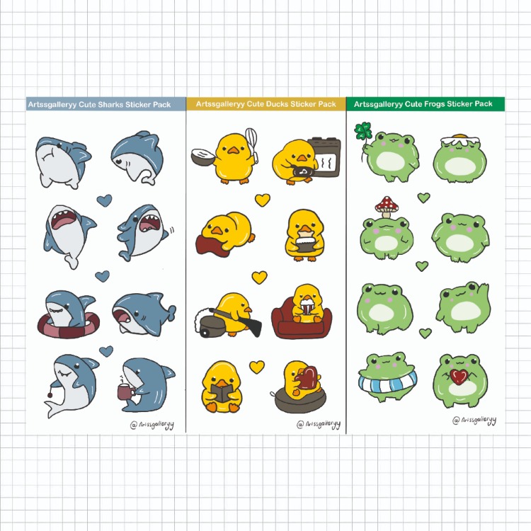 Cute Animals (Shark,duck,frog) Sticker Pack 11 Adet