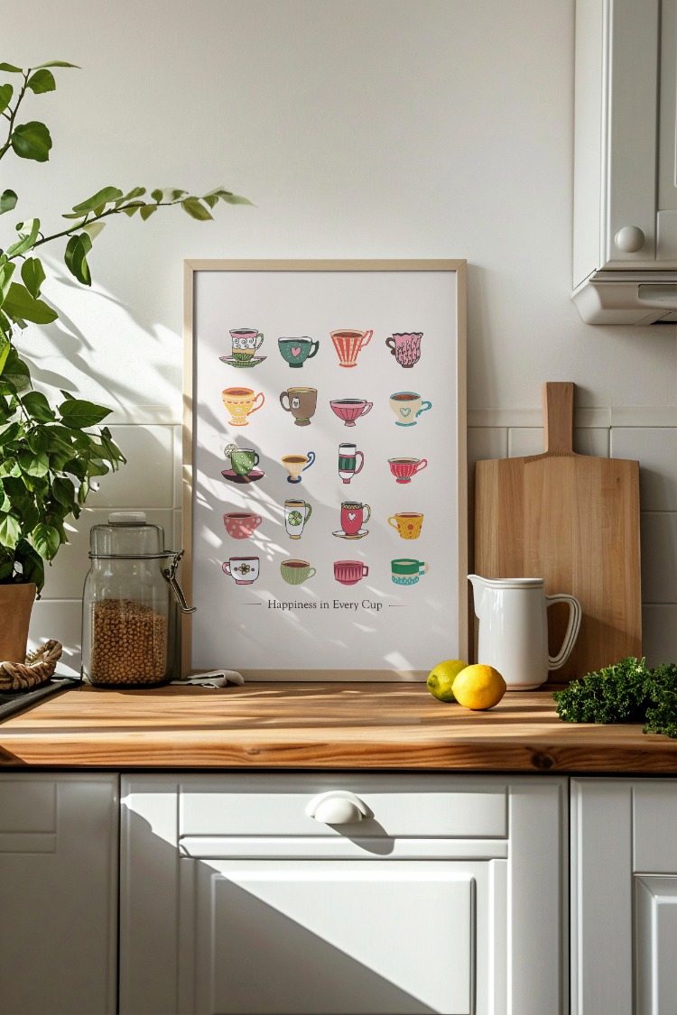 Happiness in Every Cup – Renkli Fincan Duvar Posteri