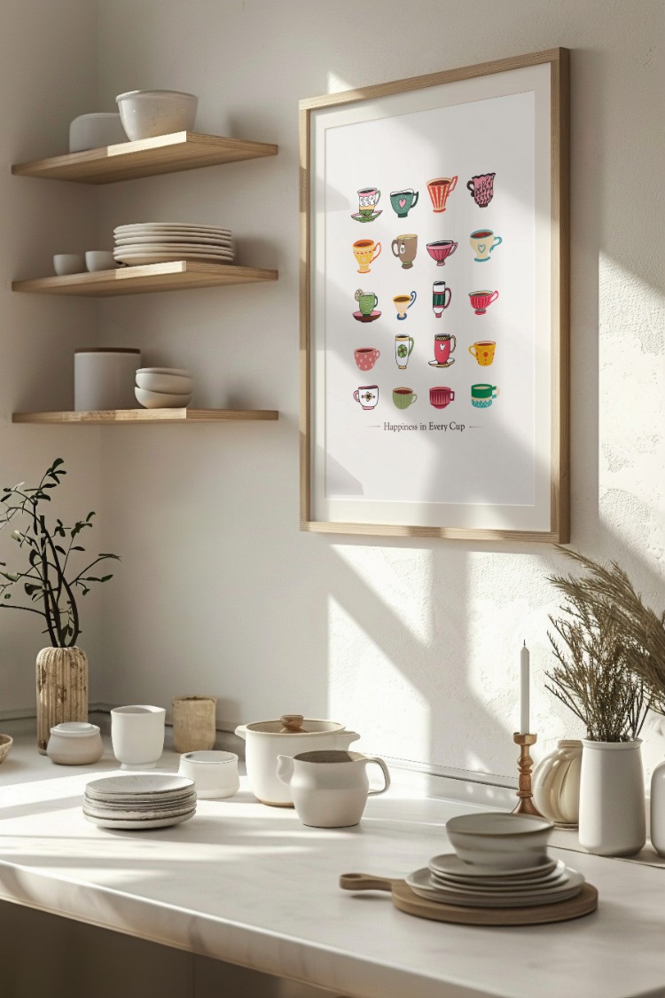Happiness in Every Cup – Renkli Fincan Duvar Posteri