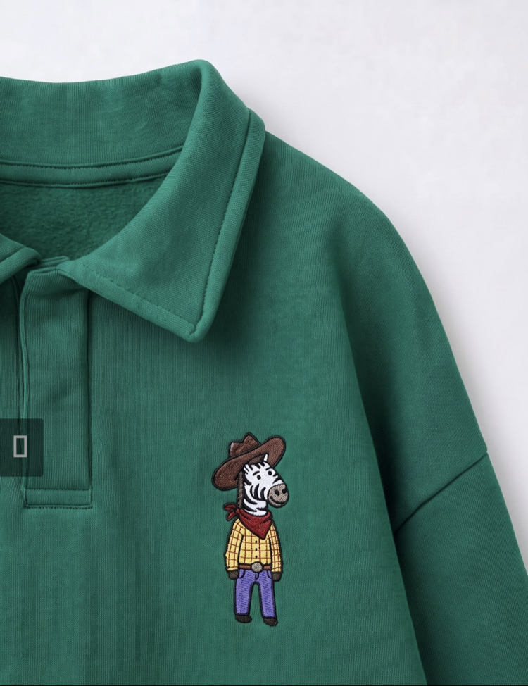 Polo Yaka Yeşil Nakış Detaylı Sweatshirt