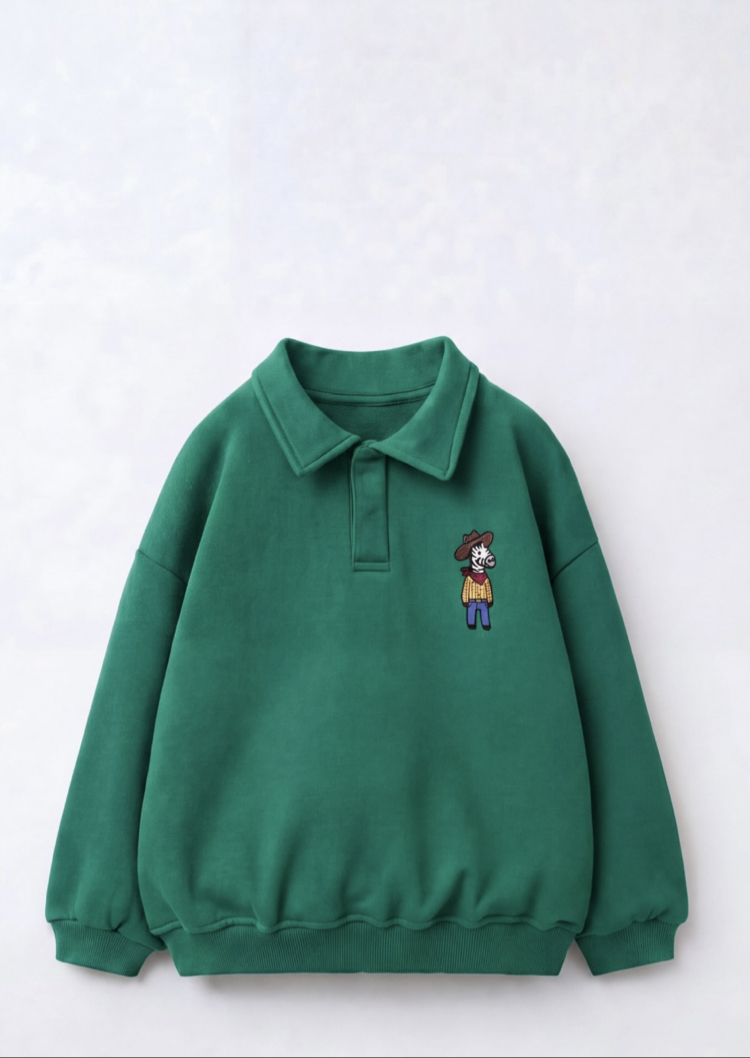 Polo Yaka Yeşil Nakış Detaylı Sweatshirt
