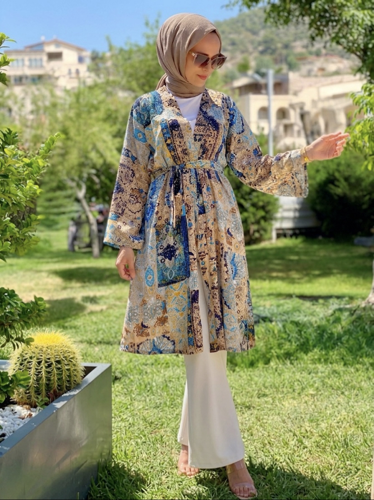 Bej Mavi Etnik Kimono