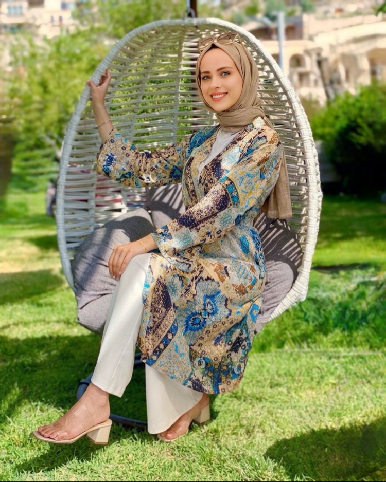 Bej Mavi Etnik Kimono