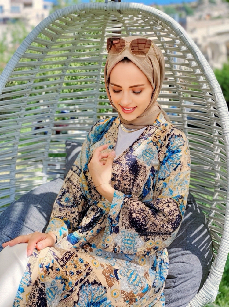 Bej Mavi Etnik Kimono
