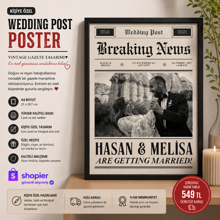Vintage Wedding Post Gazete Tasarımı | A4 Çerçeve Dekoru