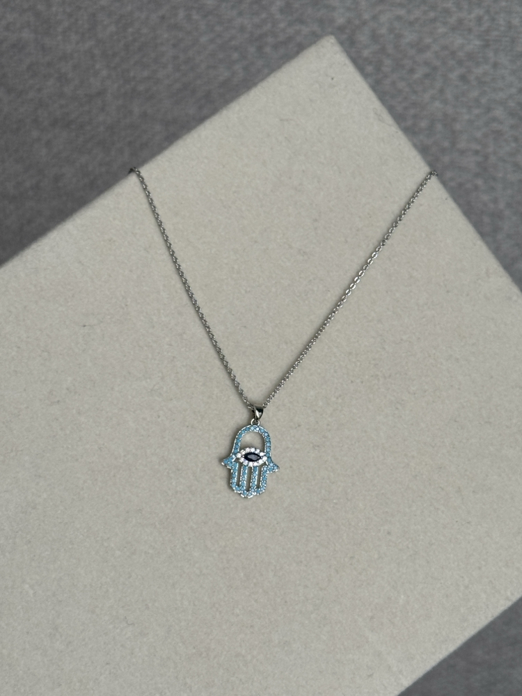 Özel seri Silver mavi taşlı hamsa kolye ( 44cm )
