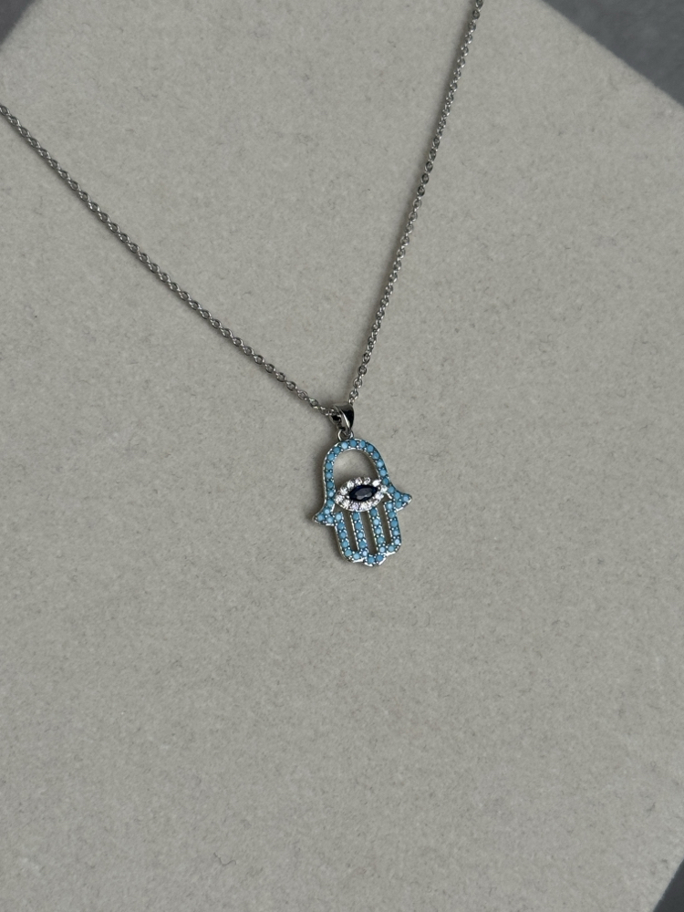 Özel seri Silver mavi taşlı hamsa kolye ( 44cm )