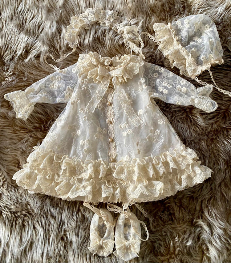 Krem dantelli vintage elbise seti 