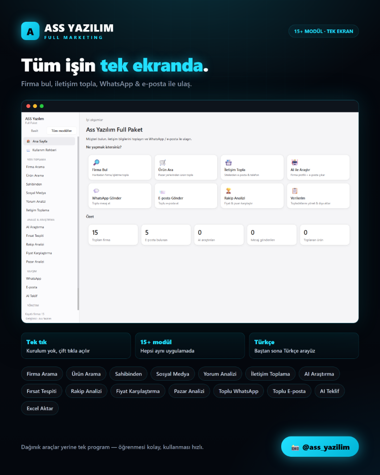 ASS Yazılım Full Marketing — 15+ Modüllü Müşteri Bulma & Pazarlama Otomasyonu (Windows)