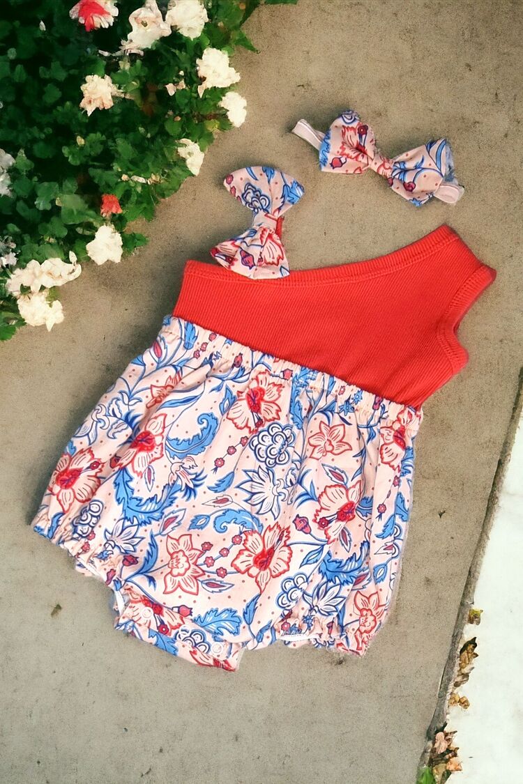 Nar çiçeği çiçekli fiyonklu bandanalı kız
bebek romper salopet tulum set