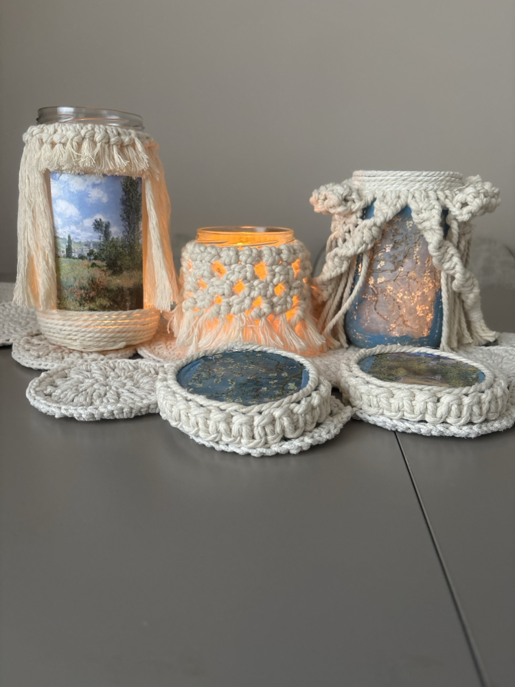 El Yapımı Makrome & Decoupage Mumluk Seti (5 Parça) 