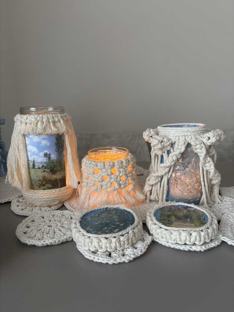 El Yapımı Makrome & Decoupage Mumluk Seti (5 Parça) 
