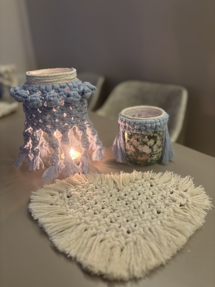 El Yapımı Makrome & Dekupaj Bohem Mumluk Seti | Cozy Ev Dekoru 