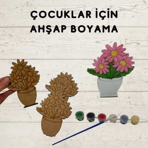 Ahşap Saksıda Çiçek Boyama