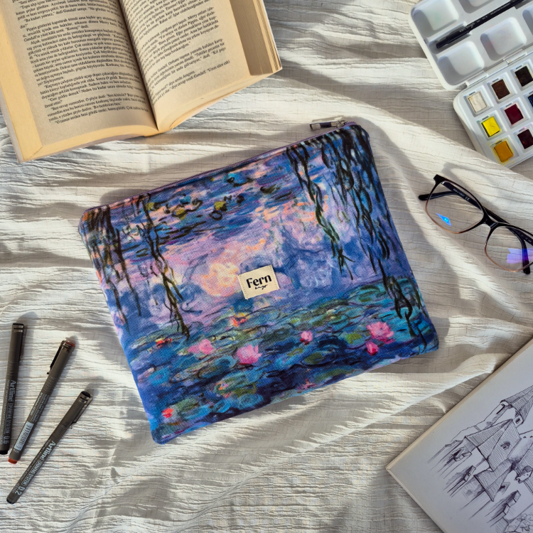Fermuarlı Tablet/Kitap/Laptop/Macbook/ Kılıfı Sanat Serisi Monet Lily