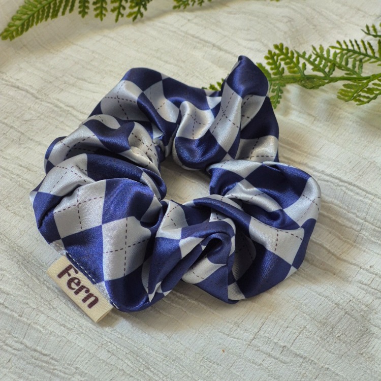 Scrunchie/Lastikli Toka Lacivert-Gri Baklava Desenli Large