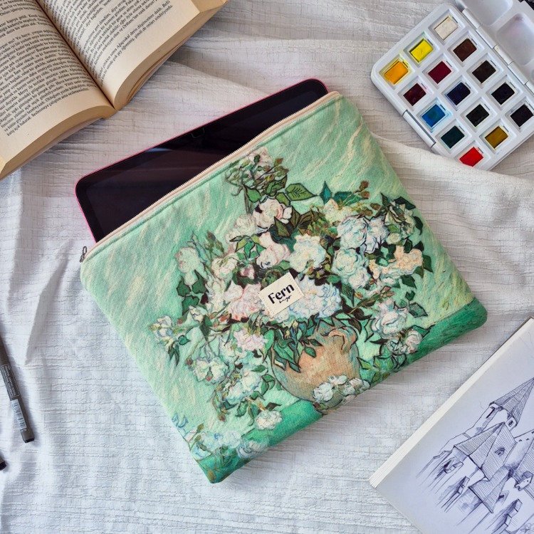 Fermuarlı Tablet/Kitap/Laptop/Macbook/ Kılıfı Sanat Serisi Beyaz Güller