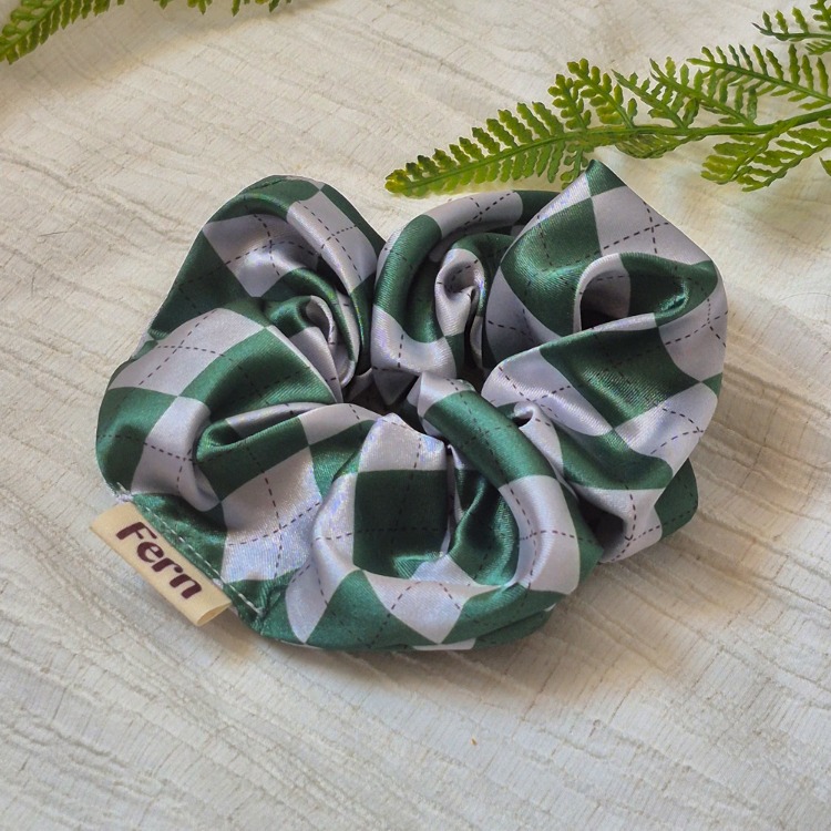 Scrunchie/Lastikli Toka Yeşil-Gri Baklava Desenli Large