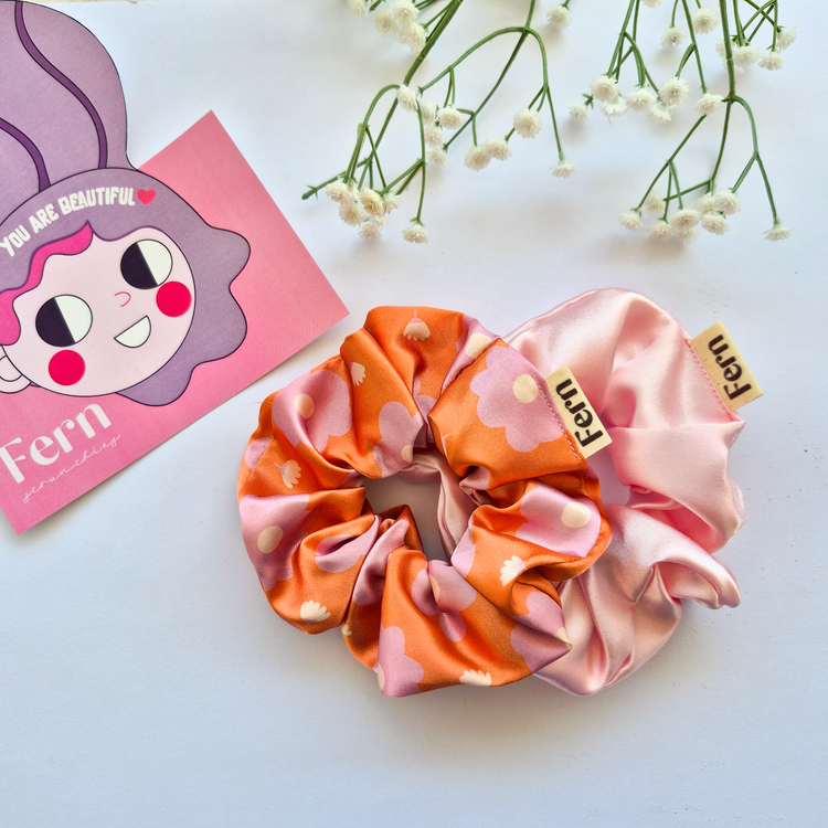 Scrunchie/Lastikli Toka 2'li Set Orange Flowers - Large