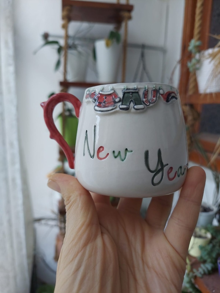 Yılbaşı New Year Christmas Noel El Yapımı Kulplu Seramik Kupa-200 ml