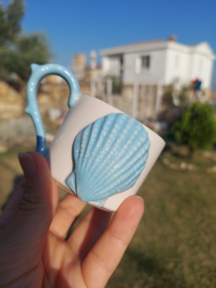 Mavi Pekten Figürlü Türk Kahvesi Fincanı ve Tabağı - 80 ml