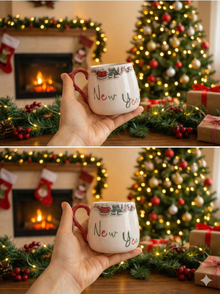 Yılbaşı New Year Christmas Noel El Yapımı Kulplu Seramik Kupa-200 ml