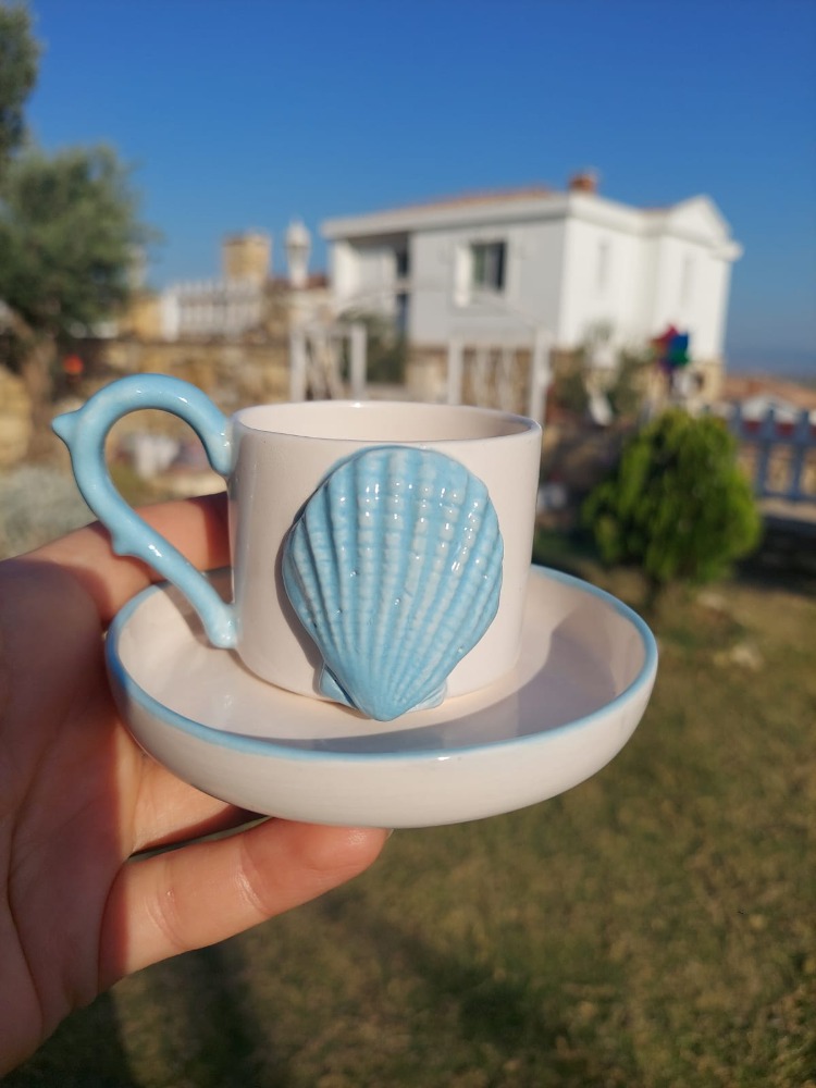 Mavi Pekten Figürlü Türk Kahvesi Fincanı ve Tabağı - 80 ml
