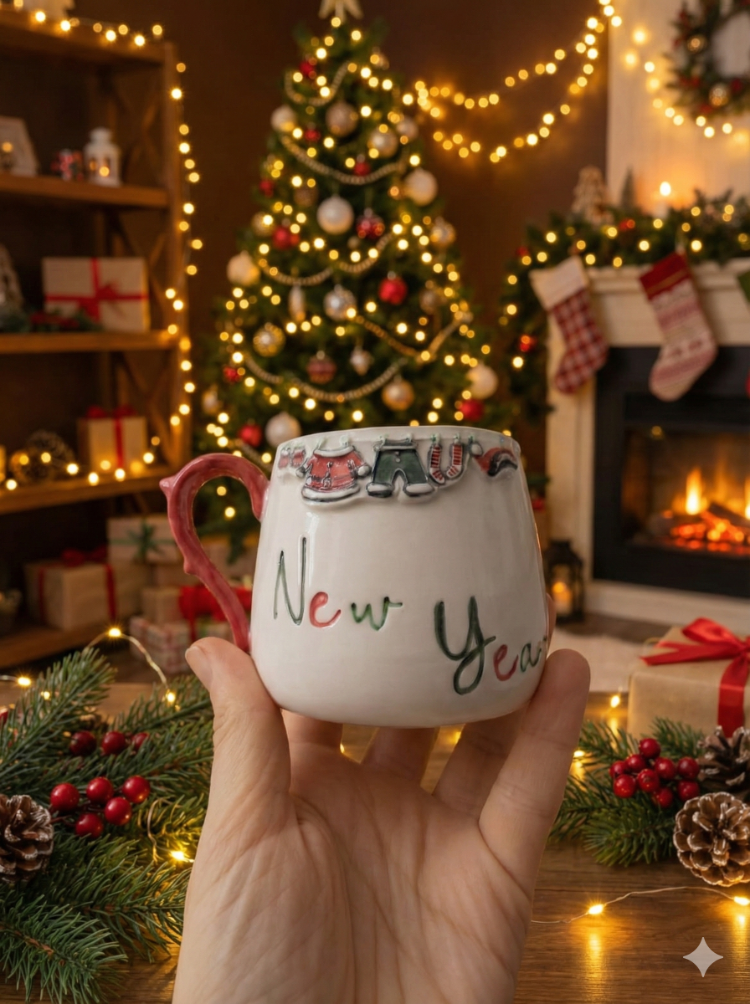 Yılbaşı New Year Christmas Noel El Yapımı Kulplu Seramik Kupa-200 ml
