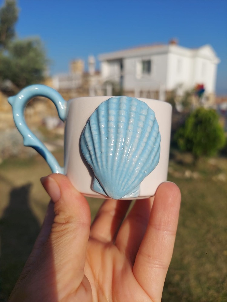 Mavi Pekten Figürlü Türk Kahvesi Fincanı ve Tabağı - 80 ml