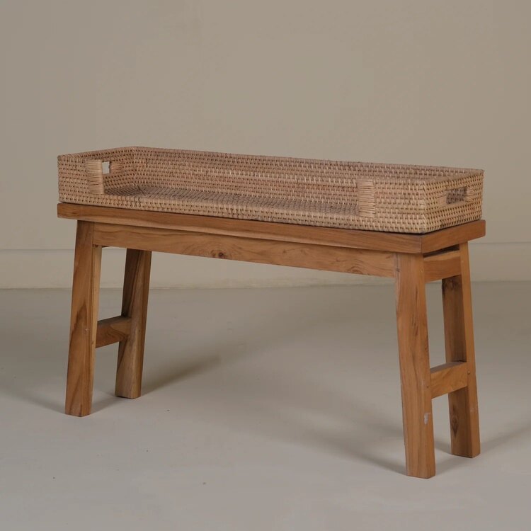 Teak ayaklı rattan tepsi