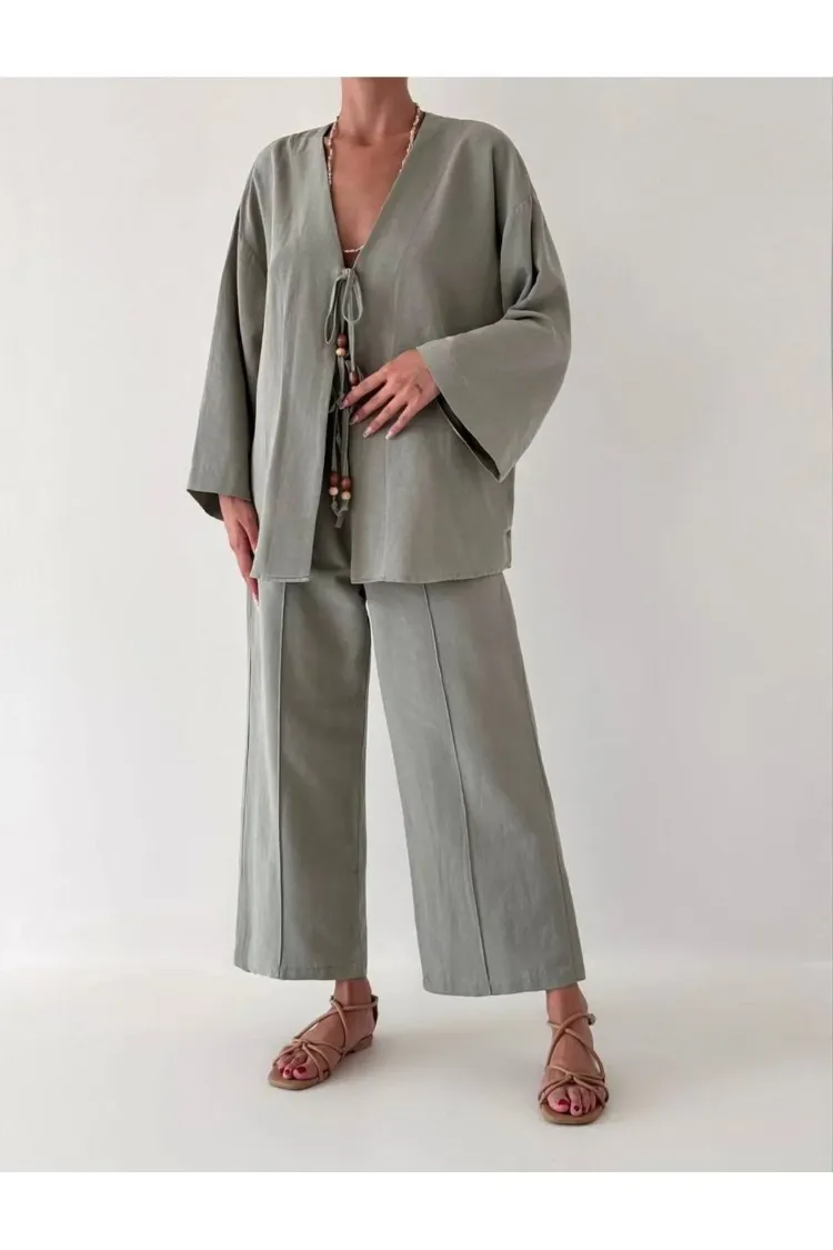 keten kimono takım-haki