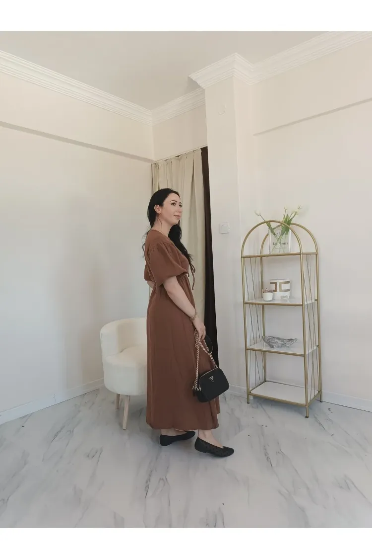 V yaka müslin elbise tarcın