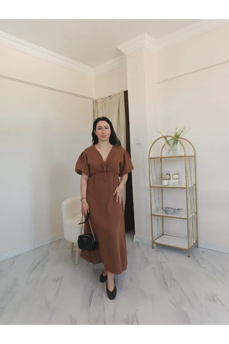 V yaka müslin elbise tarcın