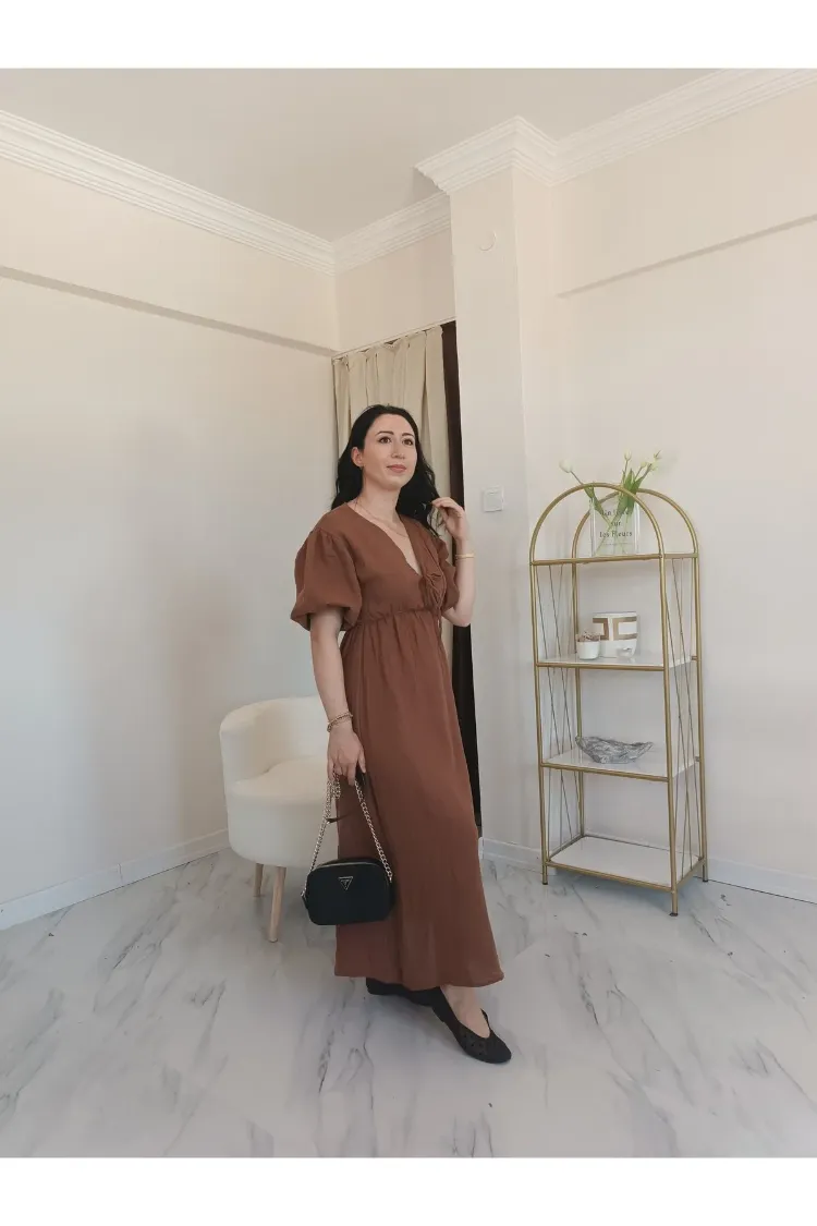 V yaka müslin elbise tarcın