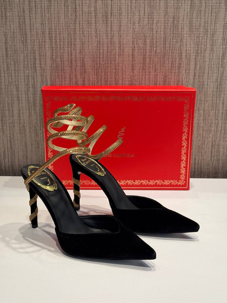Rene Caovilla Velvet Slingback Pumps Siyah Topuklu Sandalet (İthal)