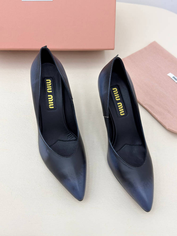 Miu Miu Waxed Calfskin Pointy Toe Pump Lacivert (Premium)