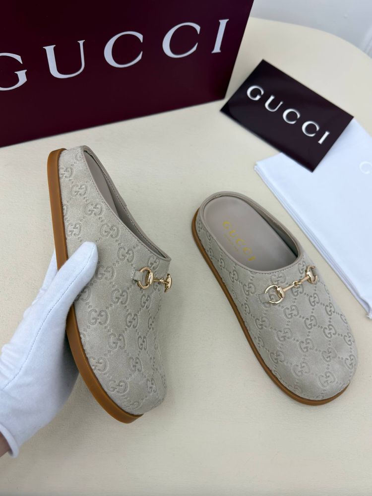 Gucci Suede Horsebit Mules Gri Unisex Terlik (İthal)
