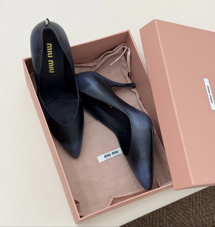 Miu Miu Waxed Calfskin Pointy Toe Pump Lacivert (Premium)