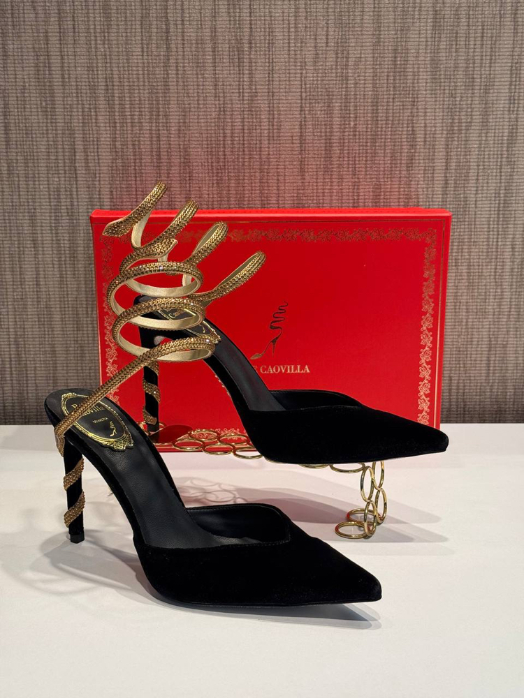 Rene Caovilla Velvet Slingback Pumps Siyah Topuklu Sandalet (İthal)